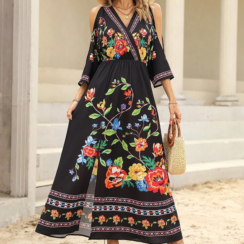 Multicolor Boho Womens Floral Print Cold Shoulder Split Thigh Dress - Picture 4 of 5